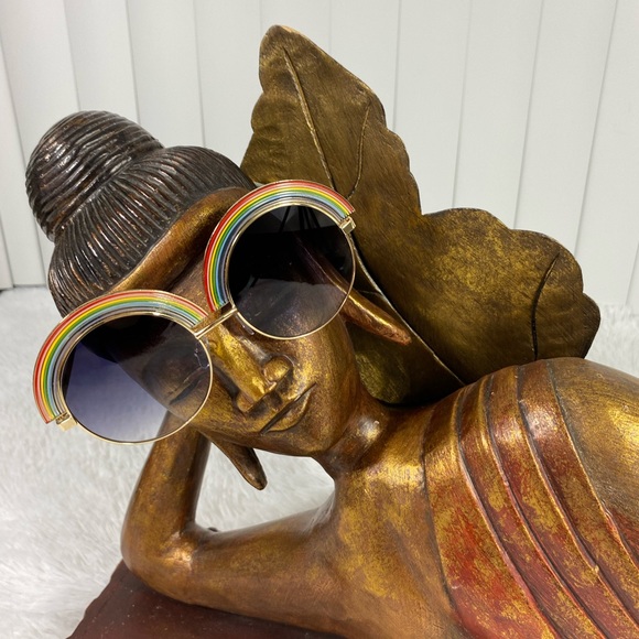 Oversized Retro Rainbow Sunnies Sunglasses Gold Frames  Smoke Blue Black Lens - Picture 8 of 8